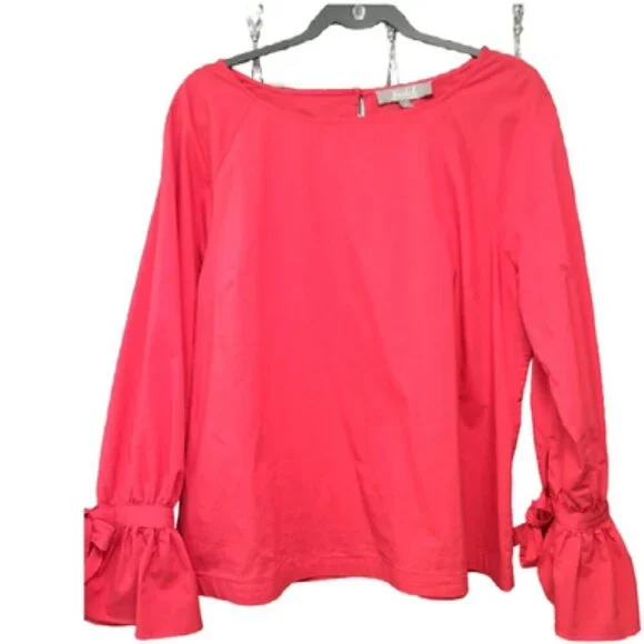 Elegant Red Long Sleeve Blouse with Bow Tie Accent on Wrists Professional Wear - Picture 1 of 5